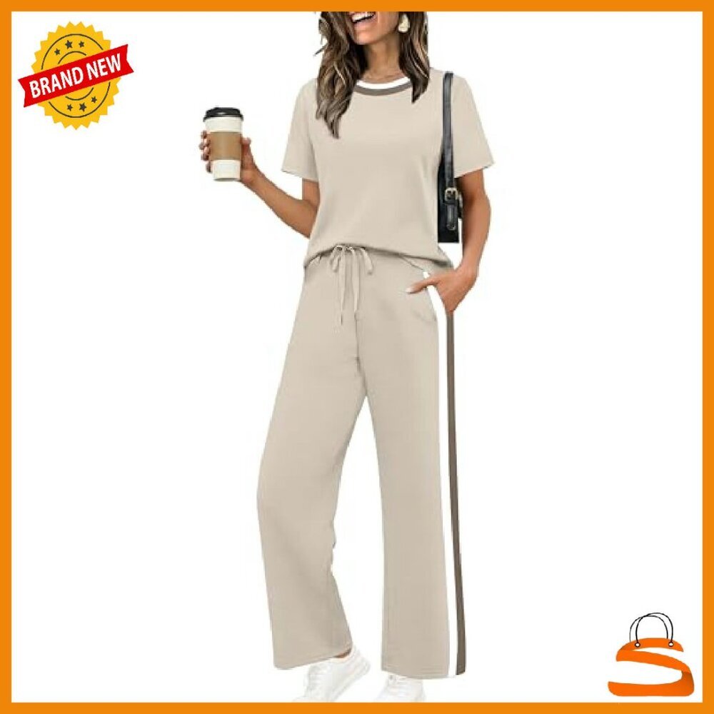 Women's 2-Piece Lounge Set Short Sleeve Top Wide Leg Pants - Picture 3 of 8
